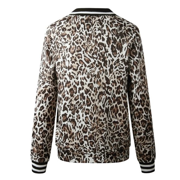 New Women's Zipper Front Leopard Print Long Sleeve Loose Fit Bomber Jacket - Picture 4 of 5